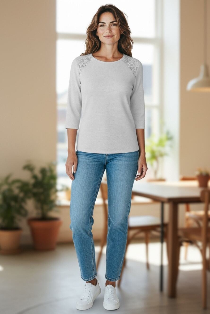 Anthropologie Style Lace Accent Raglan Knit Top Gray L/XL